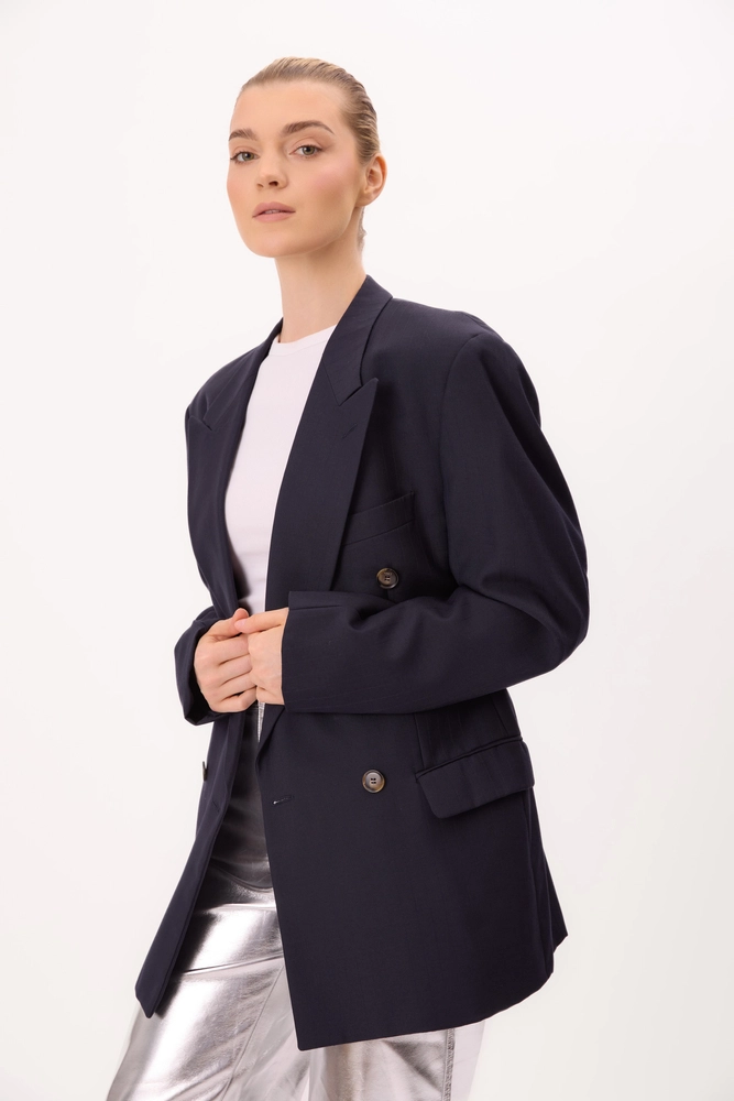 LONG NAVY BLUE SMOOTH DOUBLE-BREASTED JACKET MODEL No4