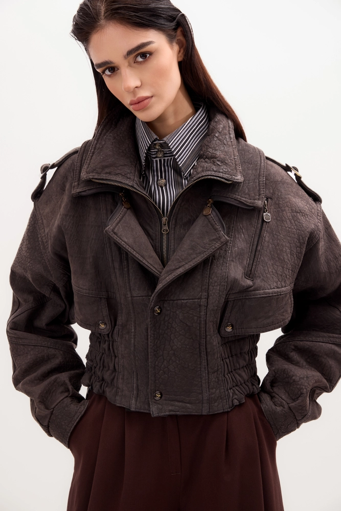 LONG GRAPHITE SUEDE JACKET WITH ADJUSTABLE WAIST