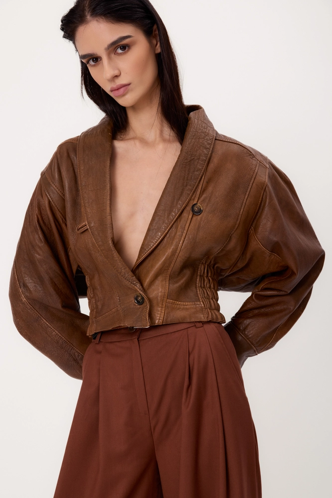BROWN DIPPED LEATHER JACKET WITH ADJUSTABLE WAIST