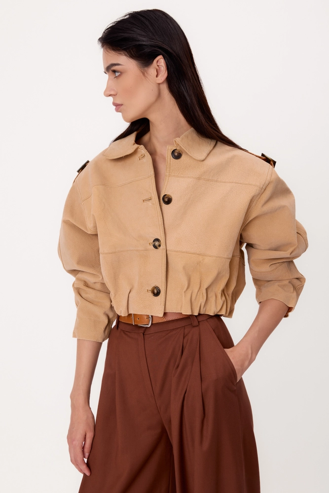 BEIGE PETITE SUEDE LEATHER BOMBER JACKET