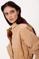 BEIGE PETITE SUEDE LEATHER BOMBER JACKET