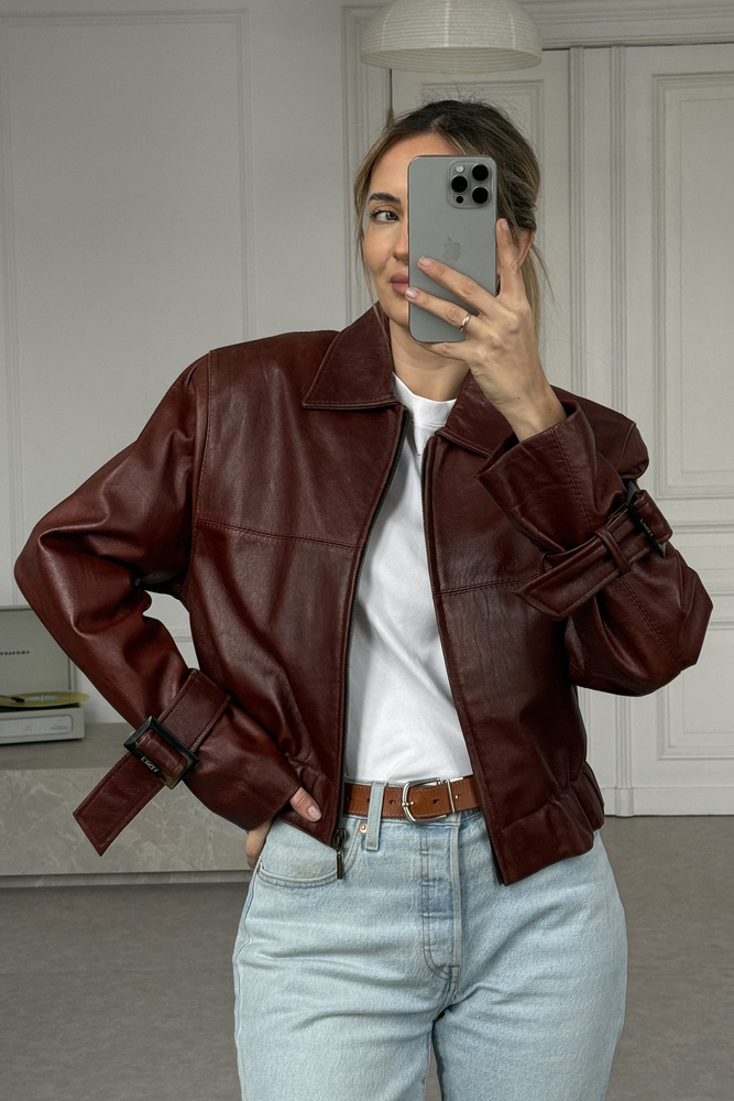 BROWN LEATHER JACKET WITH BUCKLES