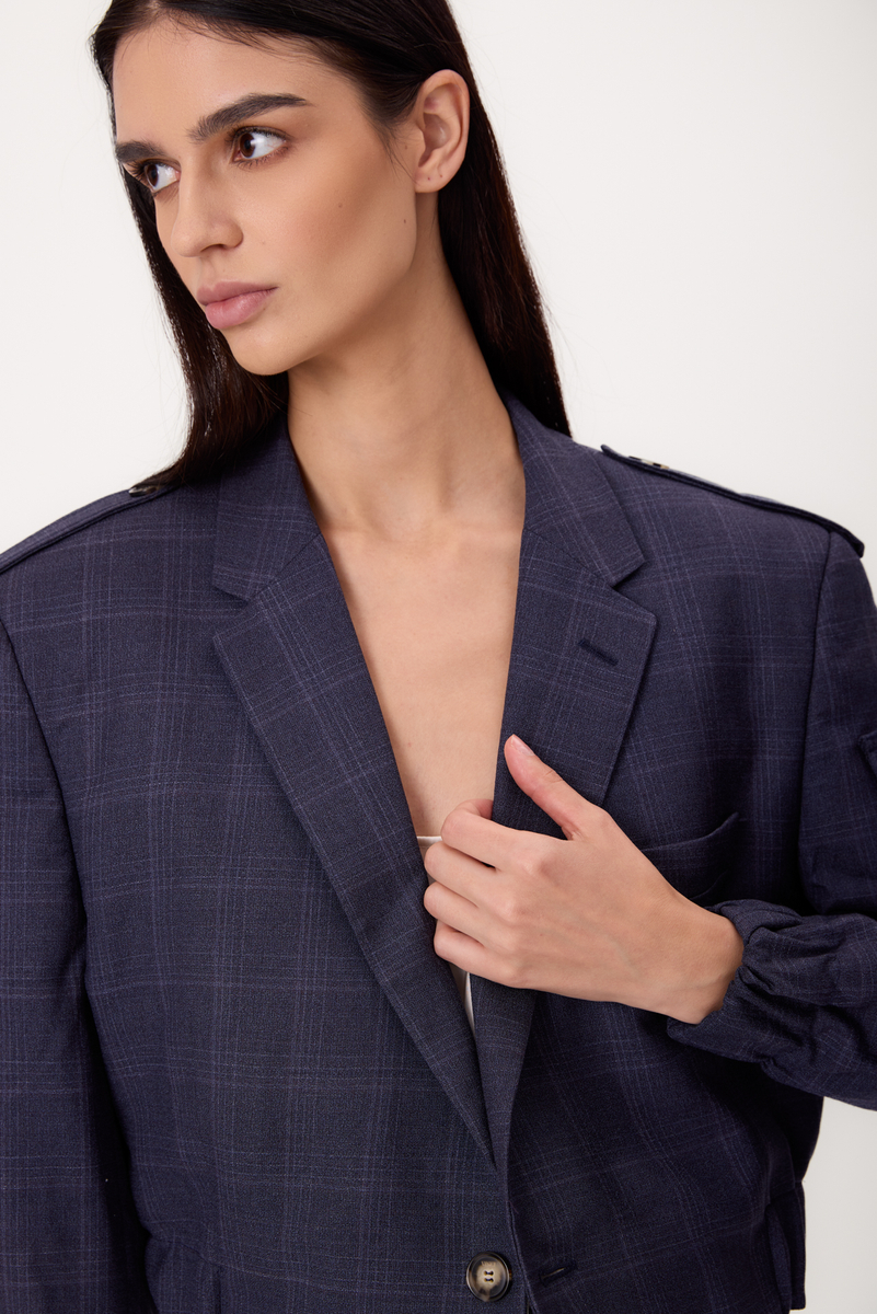 SHORT REGULAR NAVY CHECKED BOMBER JACKET