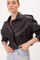 SHORT WAISTED BLACK LEATHER JACKET WITH EPADS