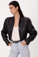 SHORT BLACK LEATHER PETITE BOMBER JACKET WITH BUCKLES