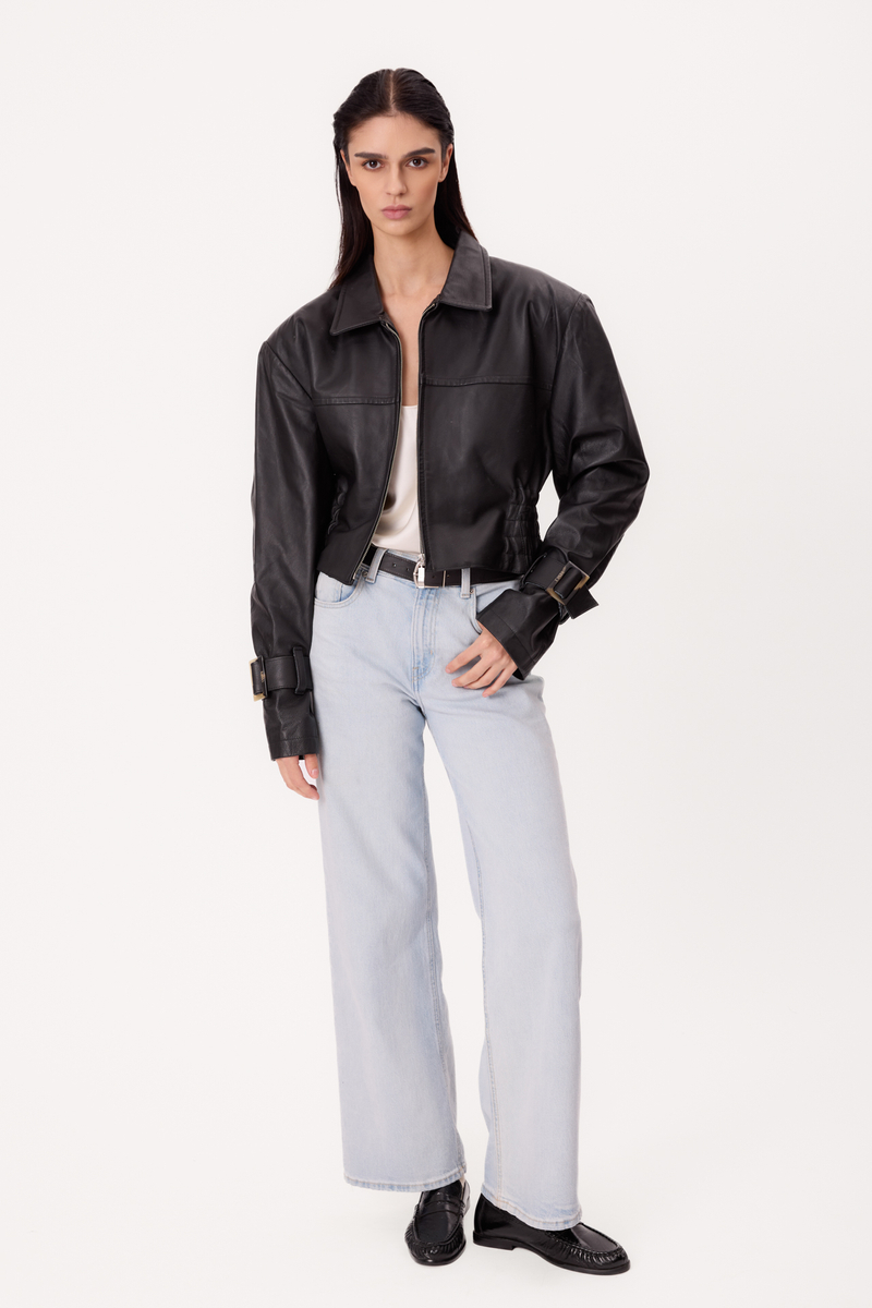 SHORT BLACK ADJUSTABLE WAIST REGULAR LEATHER JACKET WITH BUCKLES