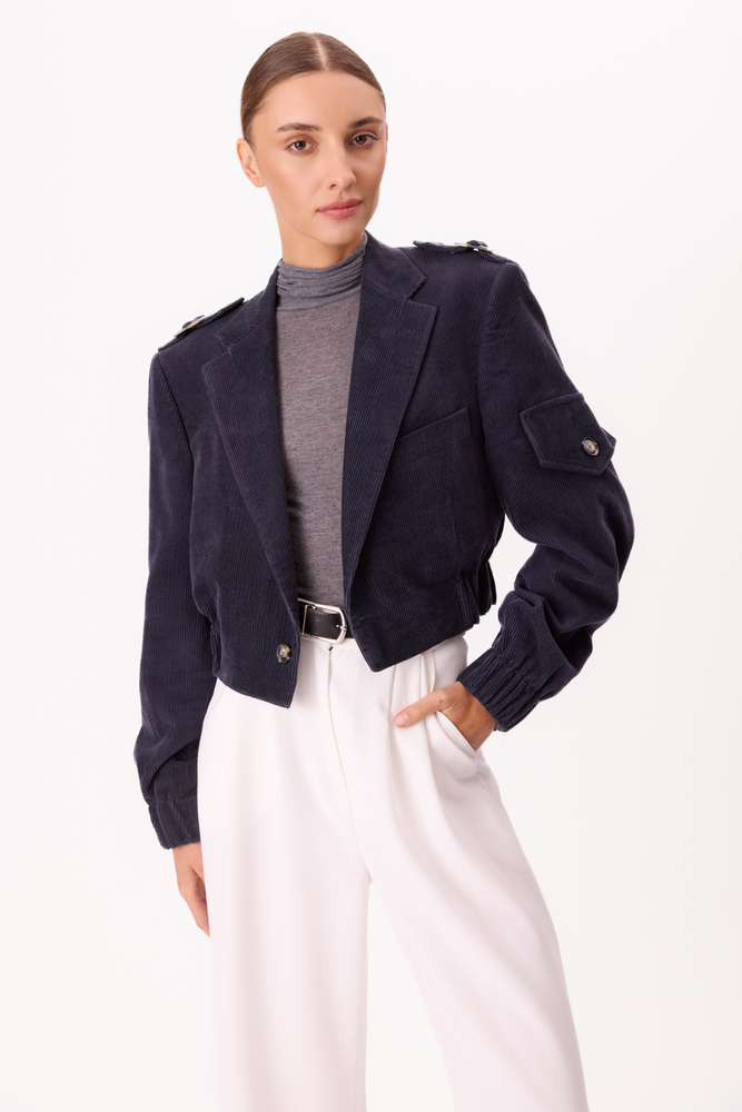 NAVY BLUE VELVET BOMBER JACKET
