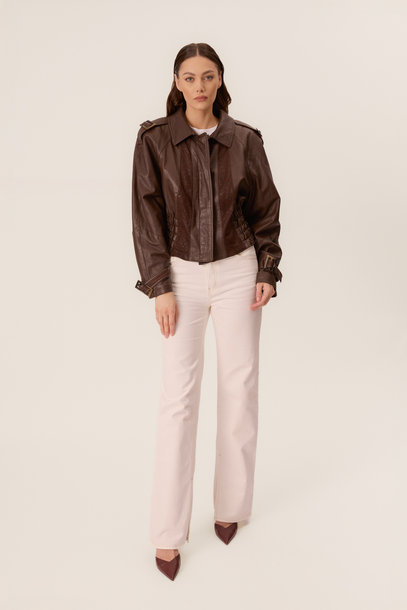 BROWN FITTED LEATHER JACKET WITH EPADS AND DECORATIVE INSERTS