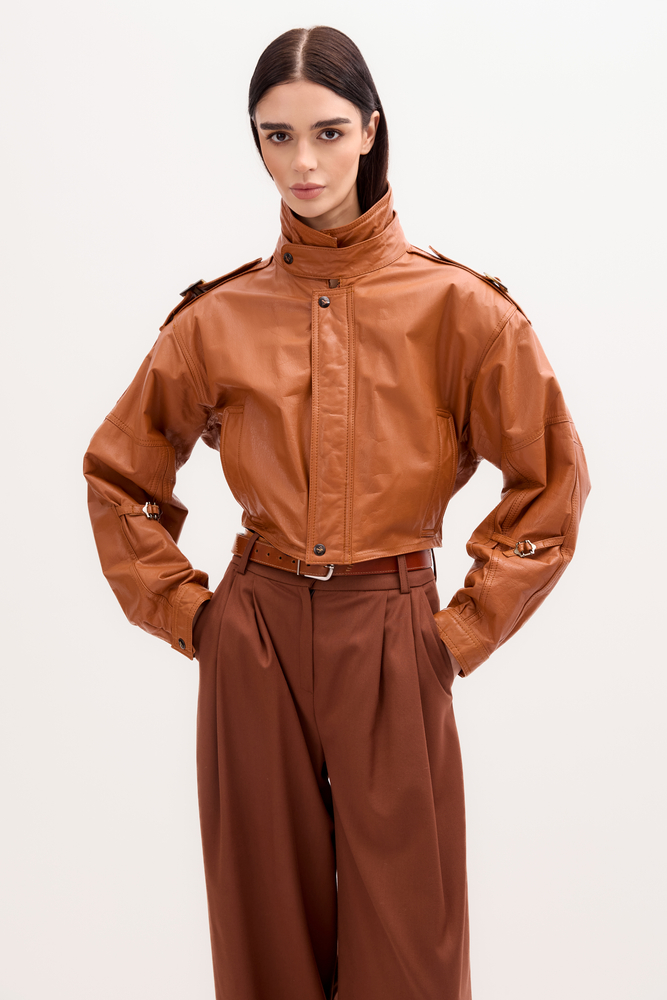 RED LEATHER BOMBER JACKET WITH HIGH COLLAR