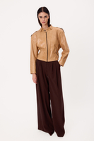 BEIGE ADJUSTABLE WAIST  PETITE LEATHER JACKET