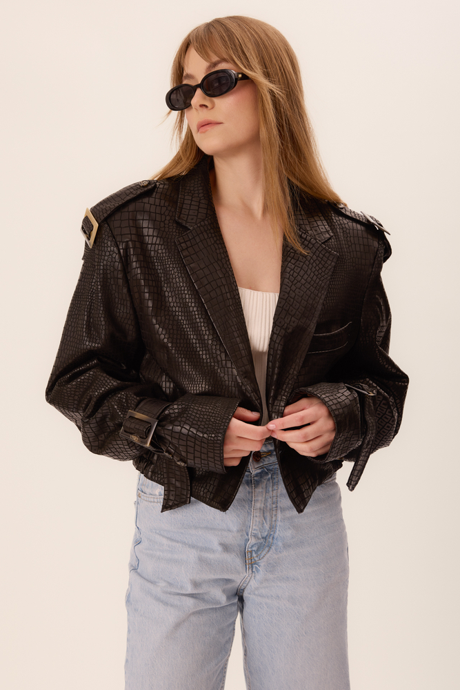 SHORT TEXTURED LEATHER JACKET WITH BUCKLES