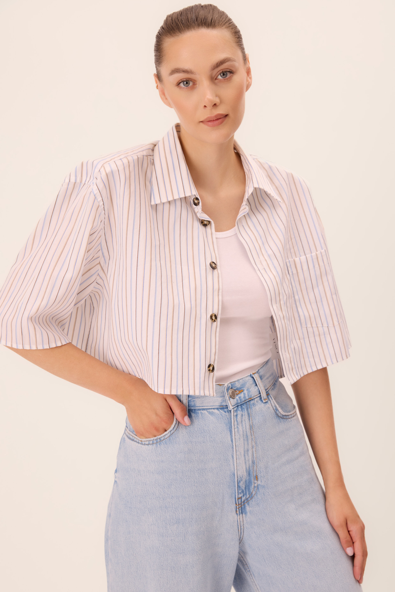 WHITE COTTON SHORT STRIPED SHIRT WITH DETACHABLE SHOULDER PADS
