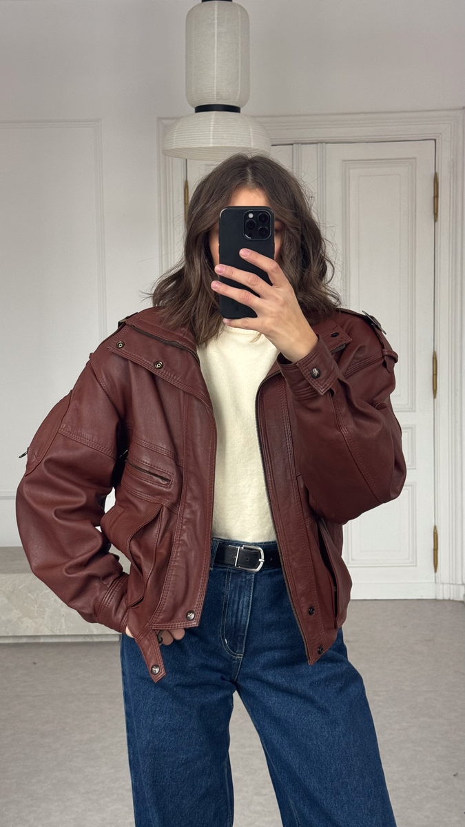 BROWN LEATHER JACKET WITH HIGH COLLAR