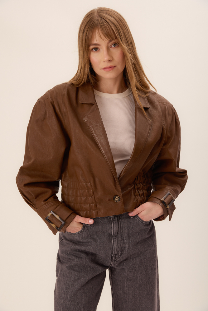 BROWN FITTED LEATHER BIKER JACKET