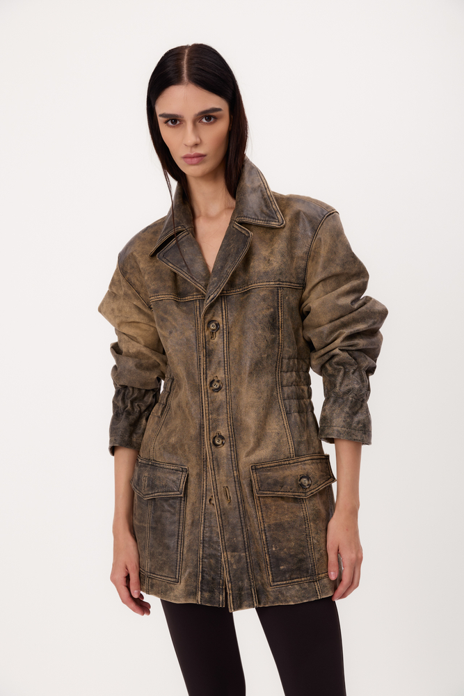 LONG GREEN SUEDE PETITE LEATHER JACKET WITH ADJUSTABLE WAIST AND BELT