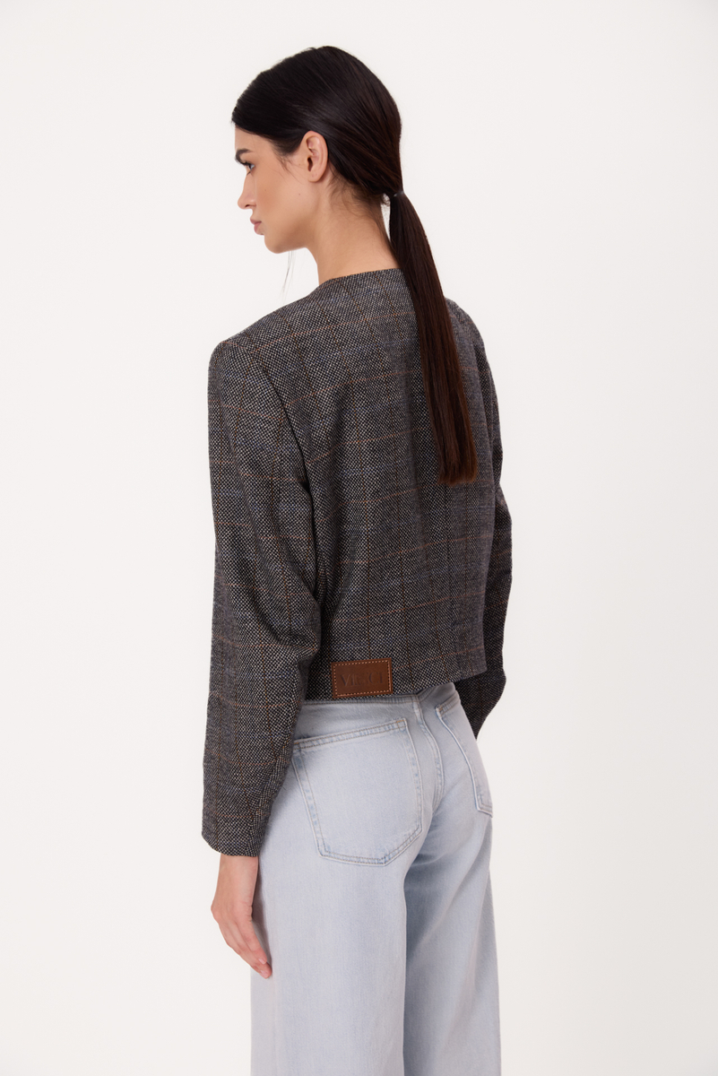 SHORT STRAIGHT GRAY PETITE BLAZER WITH BLUE CHECK MODEL No9