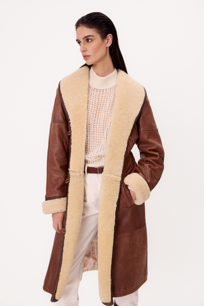 LONG BROWN ADJUSTABLE WAIST SHELLCOAT WITH WHITE FUR