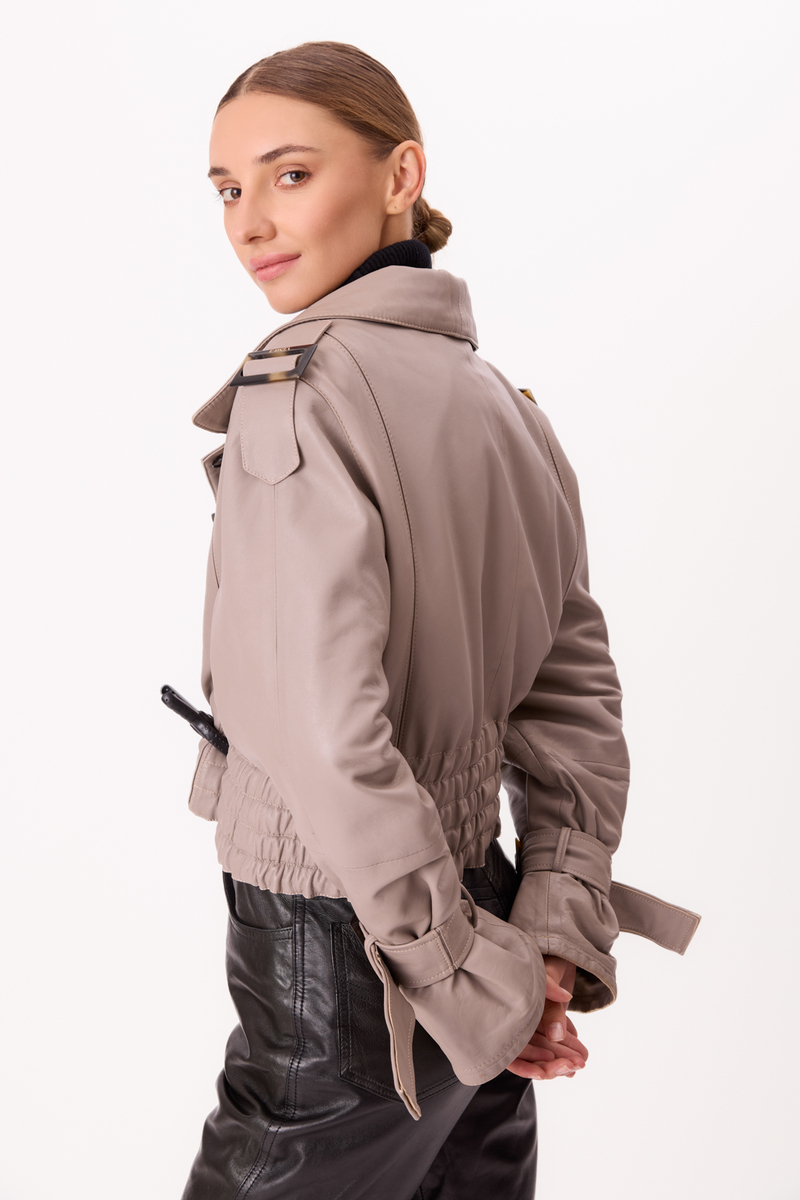 GRAY ADJUSTABLE LEATHER JACKET WITH BUCKLES