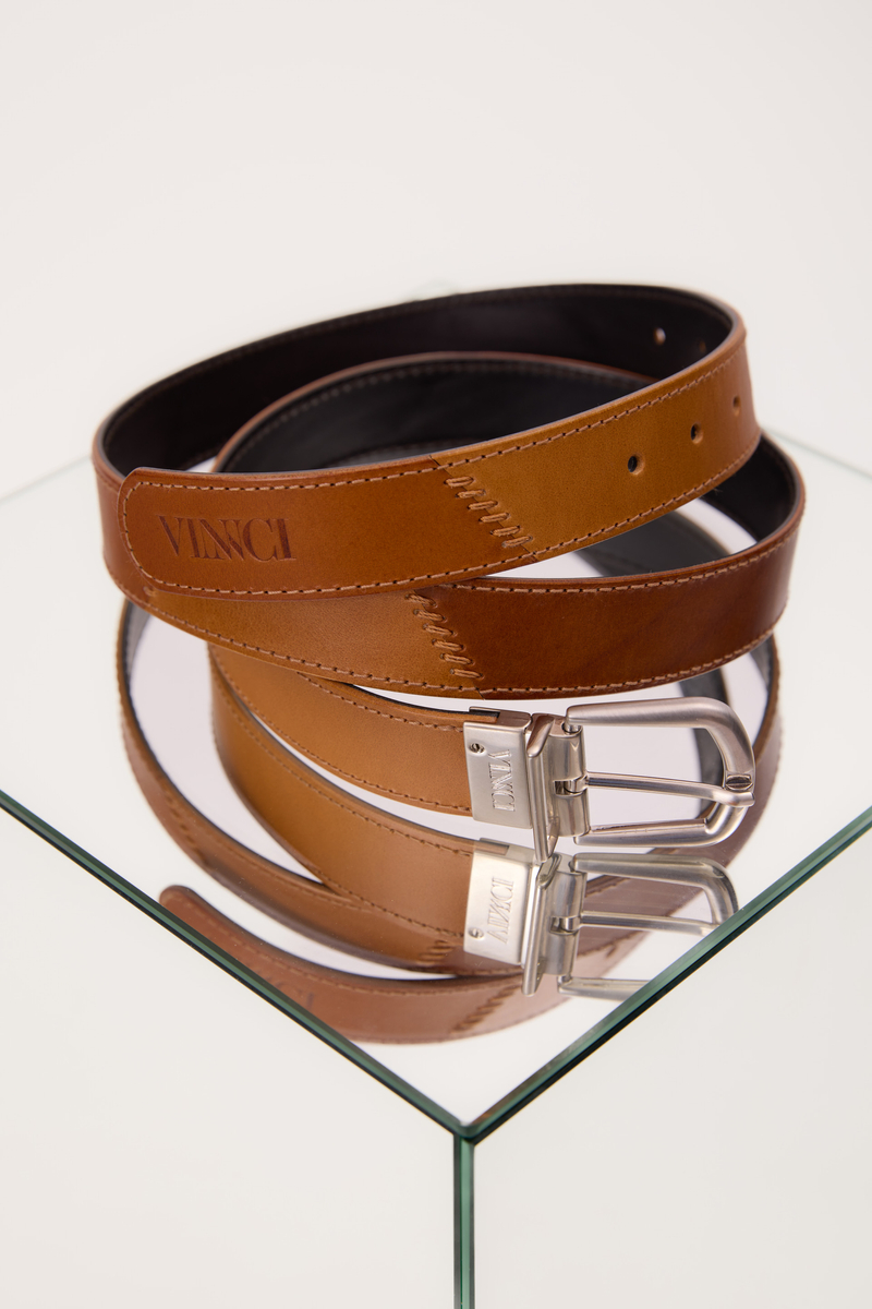 REVERSIBLE LEATHER BELT WITH ROTATING BUCKLE – PATCHWORK BROWN-RED/BLACK
