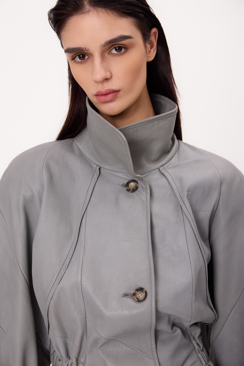 GRAY ADJUSTABLE WAIST PETITE LEATHER JACKET WITH BUCKLES