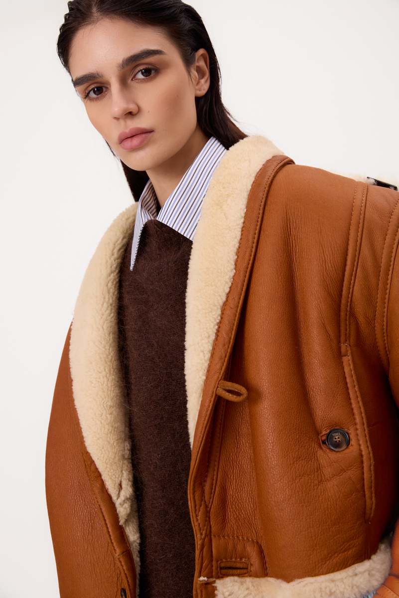 RED NATURAL SHEEPSKIN COAT WITH WHITE FUR