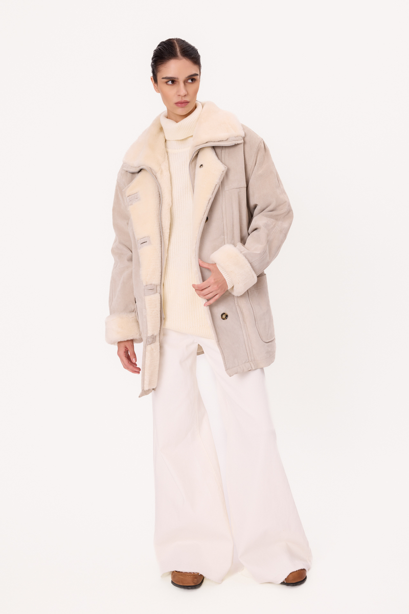 LIGHT CREAM ADJUSTABLE AT THE WAIST LONG NATURAL SHEEPSKIN COAT
