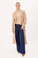 LONG BEIGE LEATHER TAPERED WAIST MAXI COAT WITH EPADS