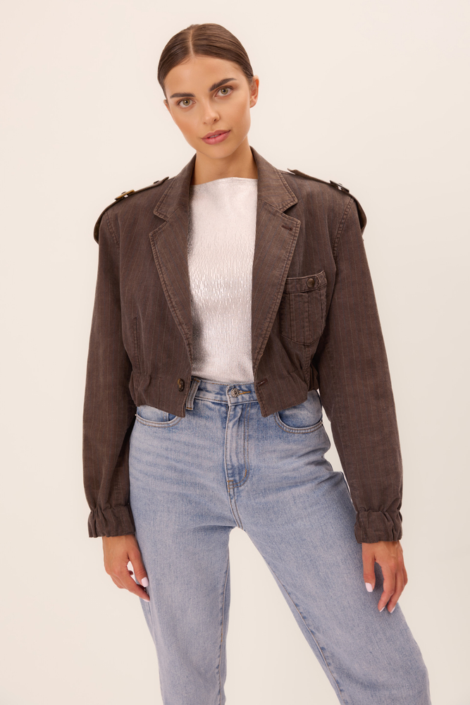 DENIM BOMBER JACKET IN WASHED BROWN DENIM WITH A DELICATE STRIP