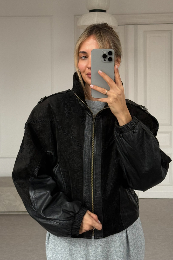 BLACK LEATHER JACKET WITH EMBELLISHMENTS