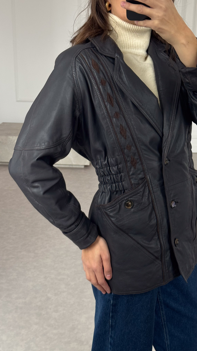 LONG WAISTED LEATHER JACKET WITH DECORATIVE EMBOSSING