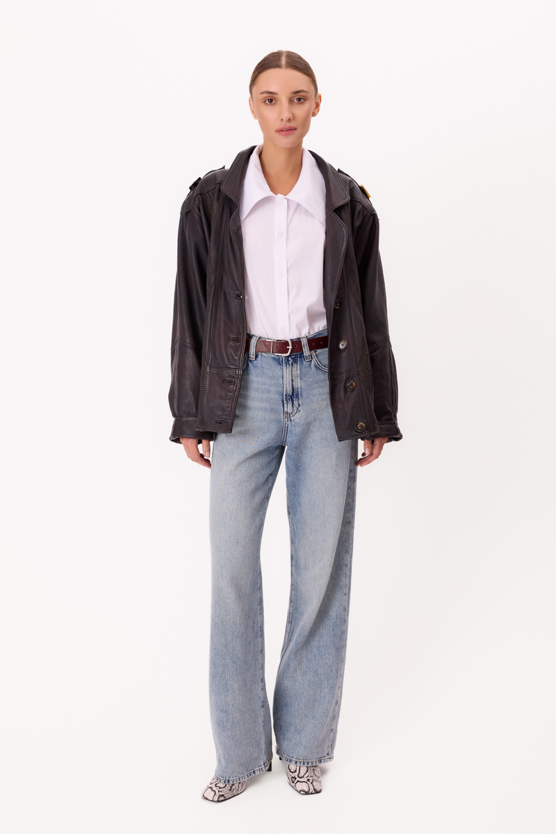 LONG CHOCOLATE LEATHER JACKET WITH EPAULOS