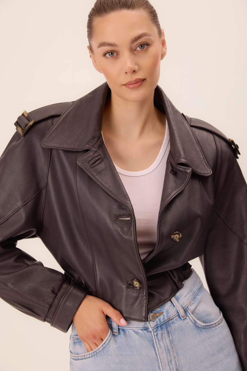 DARK GRAPHITE LEATHER JACKET WITH BUCKLES AND BUTTONS