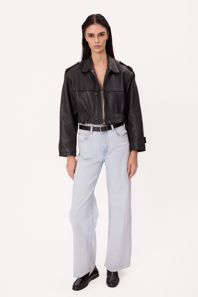 SHORT BLACK ADJUSTABLE WAIST PETITE LEATHER JACKET