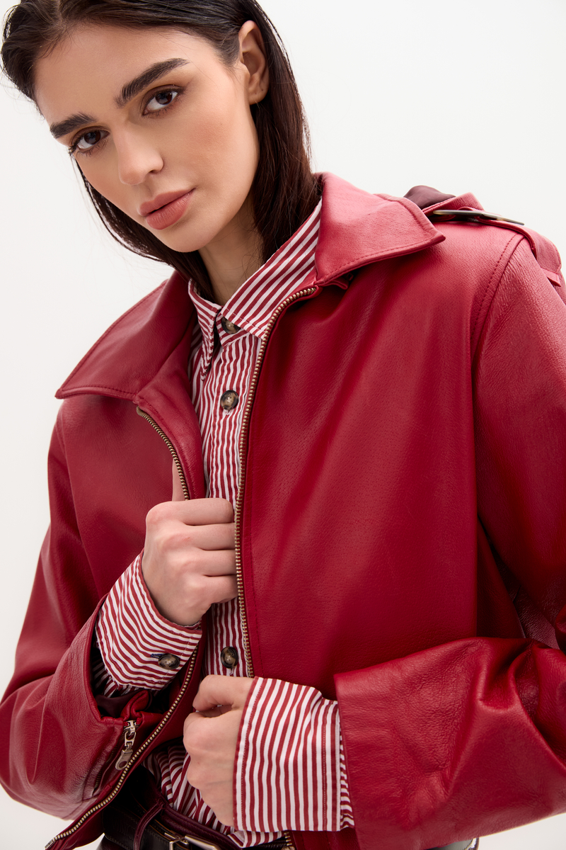 CZERWONA KURTKA SKÓRZANA Z KAPTUREM