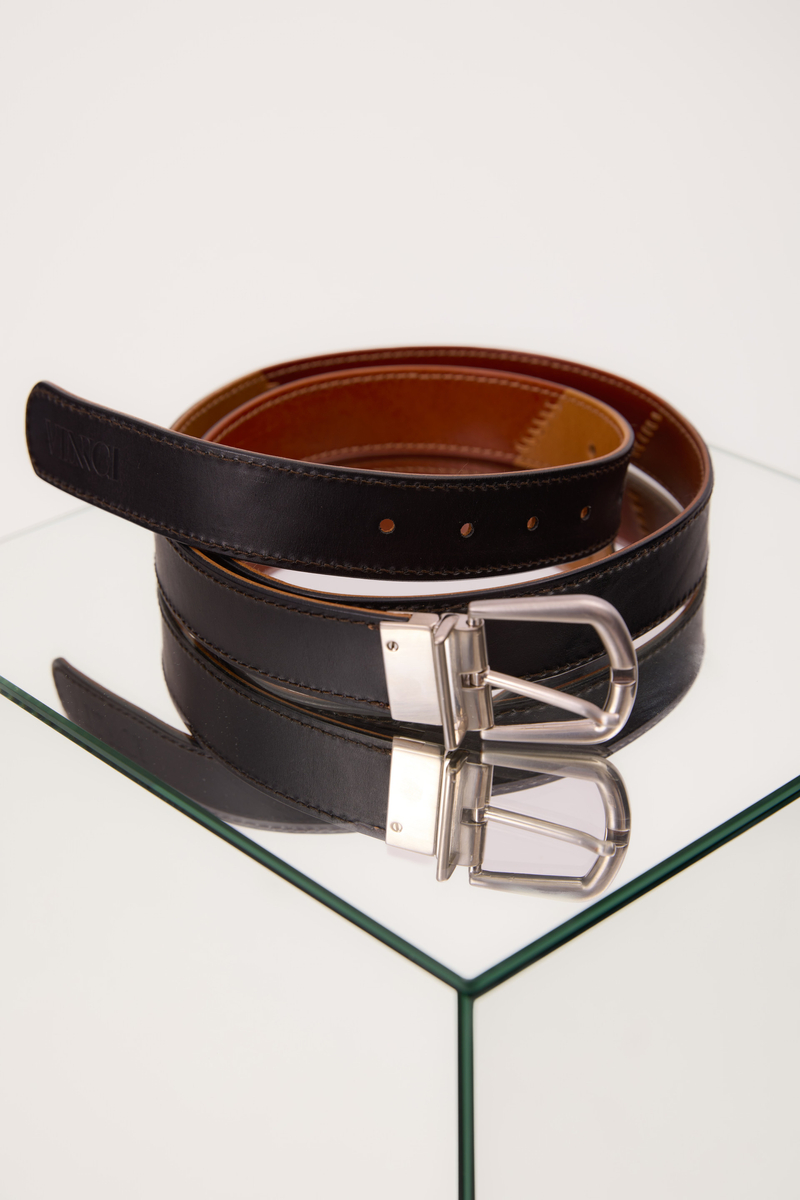 REVERSIBLE LEATHER BELT WITH ROTATING BUCKLE – PATCHWORK BROWN-RED/BLACK