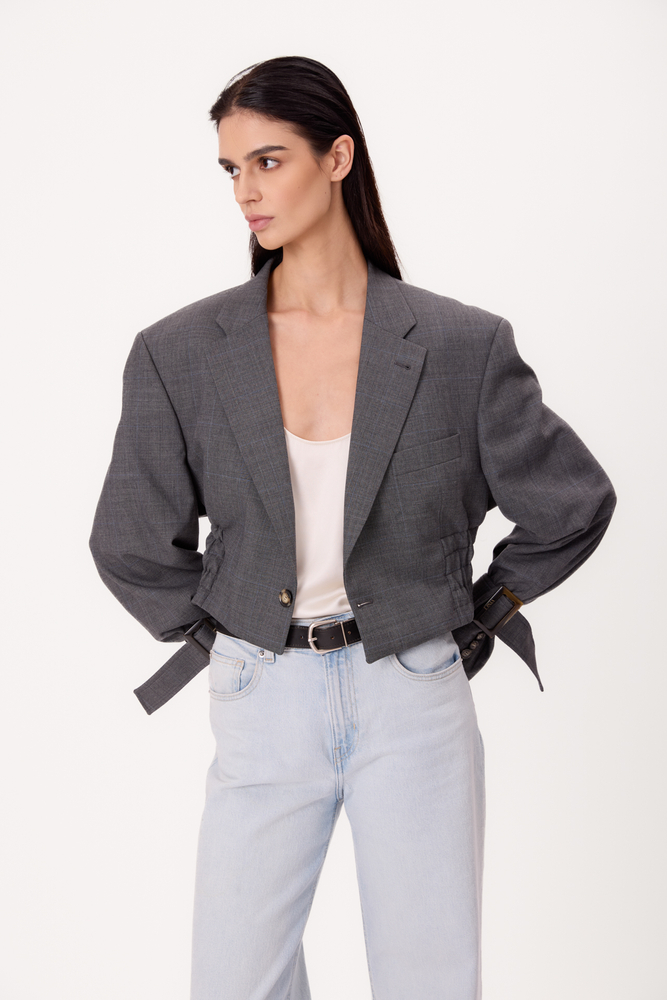 GRAY SMOOTH FITTED REGULAR JACKET WITH BUCKLES MODEL No5