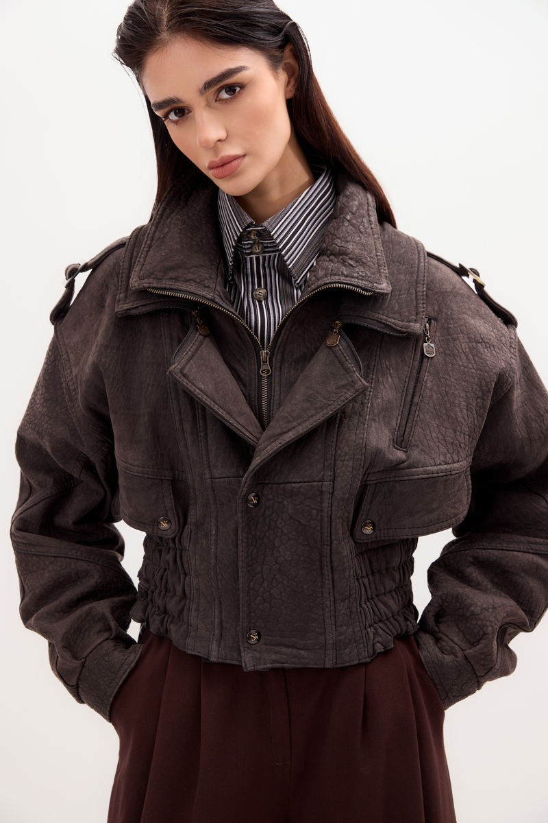 LONG GRAPHITE SUEDE JACKET WITH ADJUSTABLE WAIST