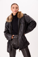 LONG BLACK OVERSIZE LEATHER JACKET WITH DETACHABLE FUR