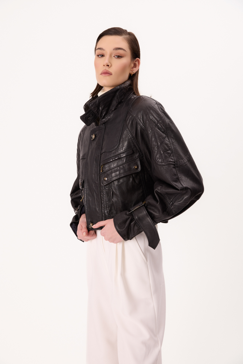 SHORT VINTAGE LEATHER BIKER JACKET