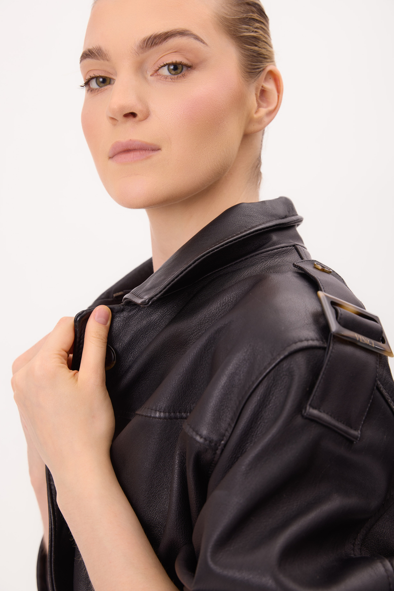 SHORT WAISTED BLACK LEATHER JACKET WITH EPADS