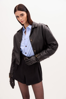 BLACK SHORT LEATHER BOMBER JACKET WITH BUCKLES