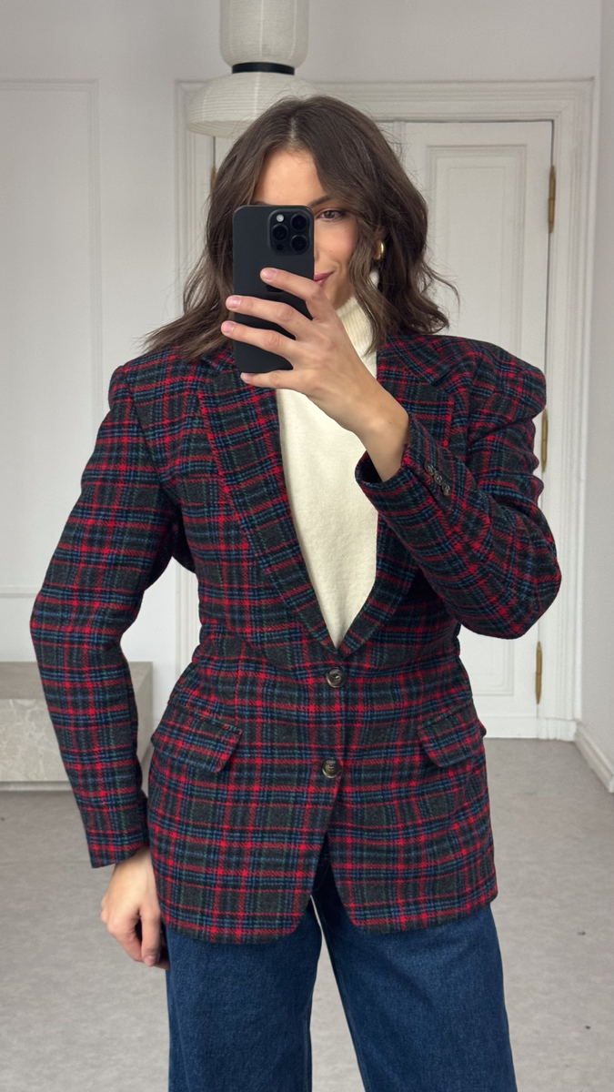 NAVY BLUE LONG SLEEVE BLAZER WITH RED GREEN AND BLUE CHECK