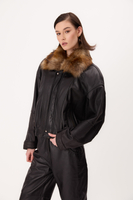 BLACK LEATHER JACKET WITH DETACHABLE FUR COLLAR
