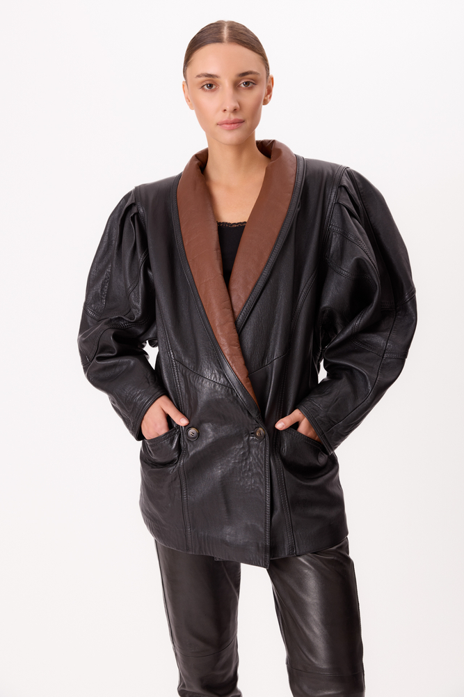 LONG BLACK AND BROWN FITTED LEATHER JACKET WITH WIDE SHOULDER