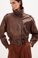 CHOCOLATE LEATHER BOMBER JACKET WITH HIGH COLLAR