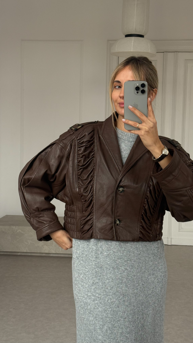 BRĄZOWA KURTKA SKÓRZANA W KROJU BOMBER