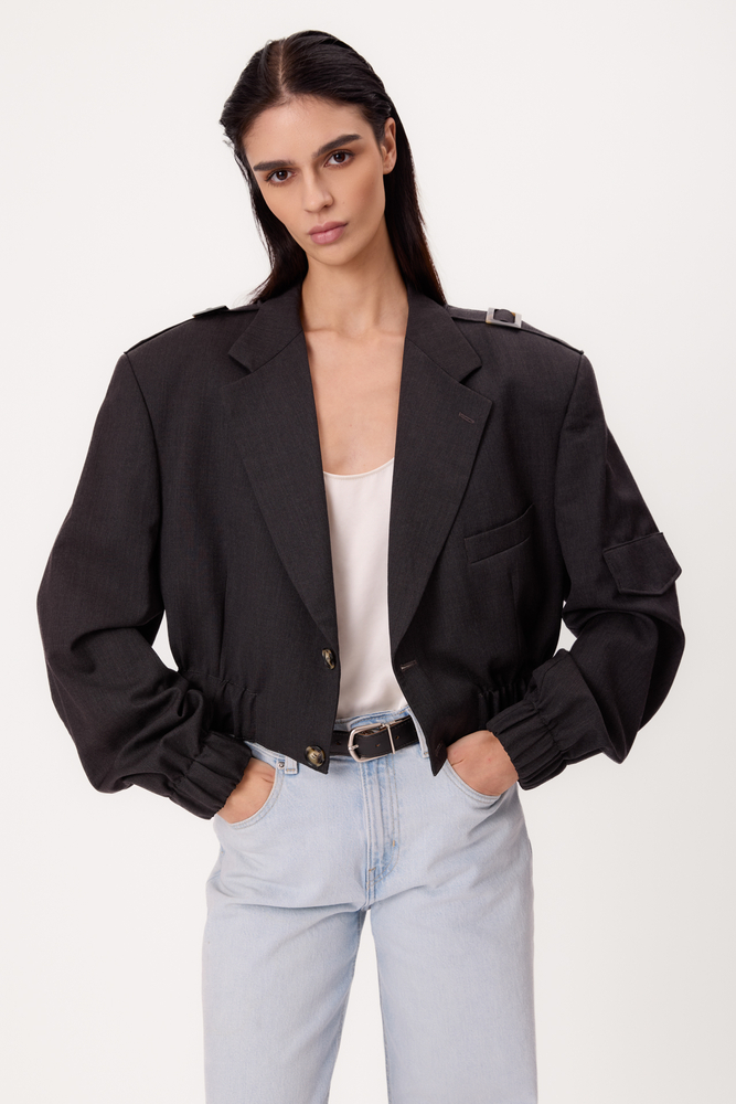 PLAIN BLACK TALL BOMBER JACKET WITH EPAGUINS