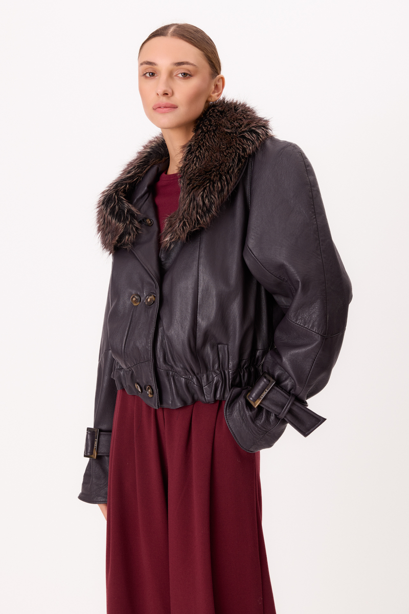DARK PURPLE LEATHER JACKET WITH DETACHABLE FUR