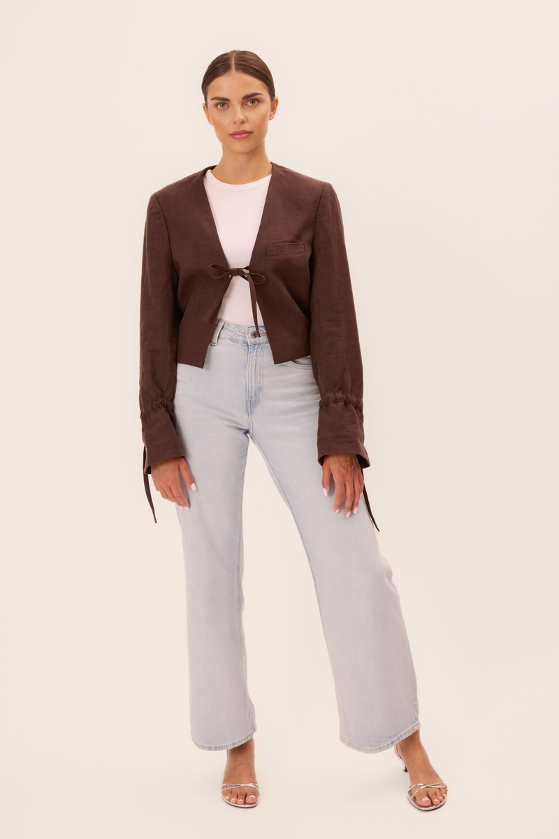 BROWN SHORT STRAIGHT JACKET WITH TIES