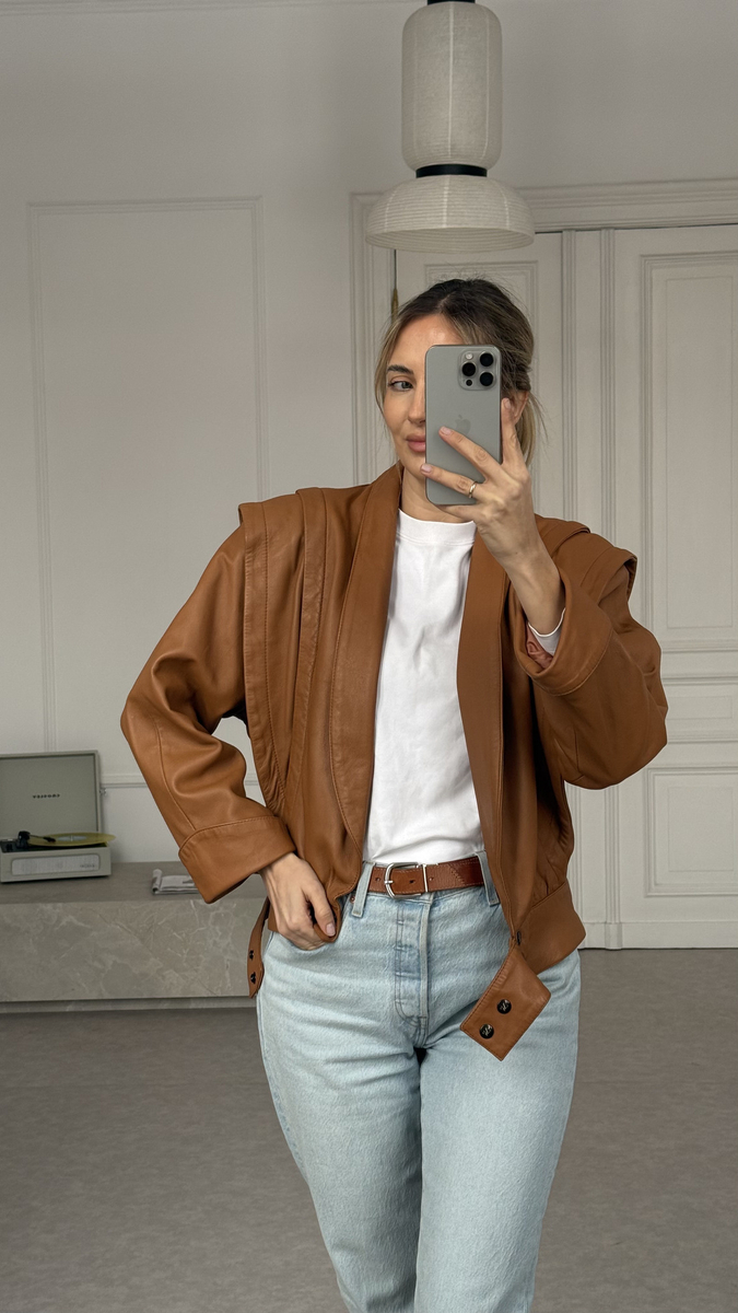 CAMEL LEATHER JACKET WITH DEEP COLLAR